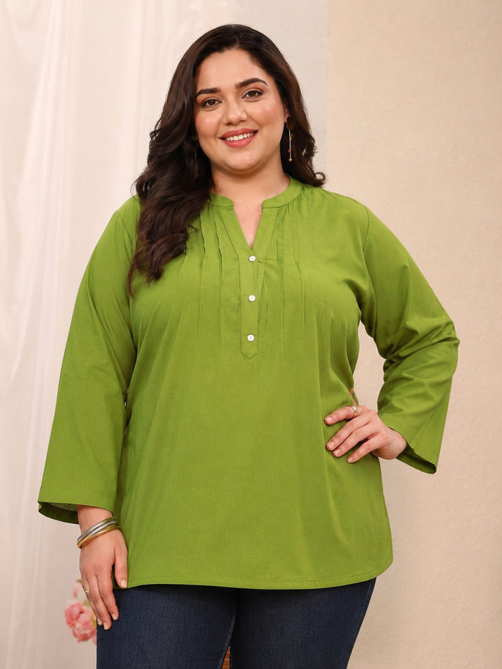 Plus Size Green Solid Cotton Blend Straight Short Kurti