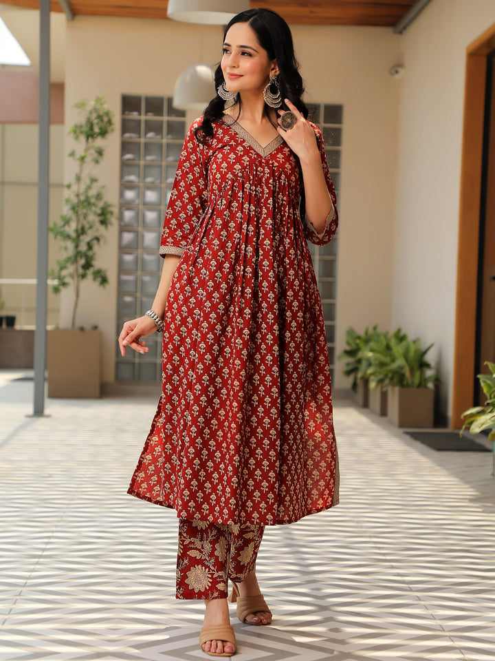 Rust Printed Cotton A-Line Kurta With Palazzos