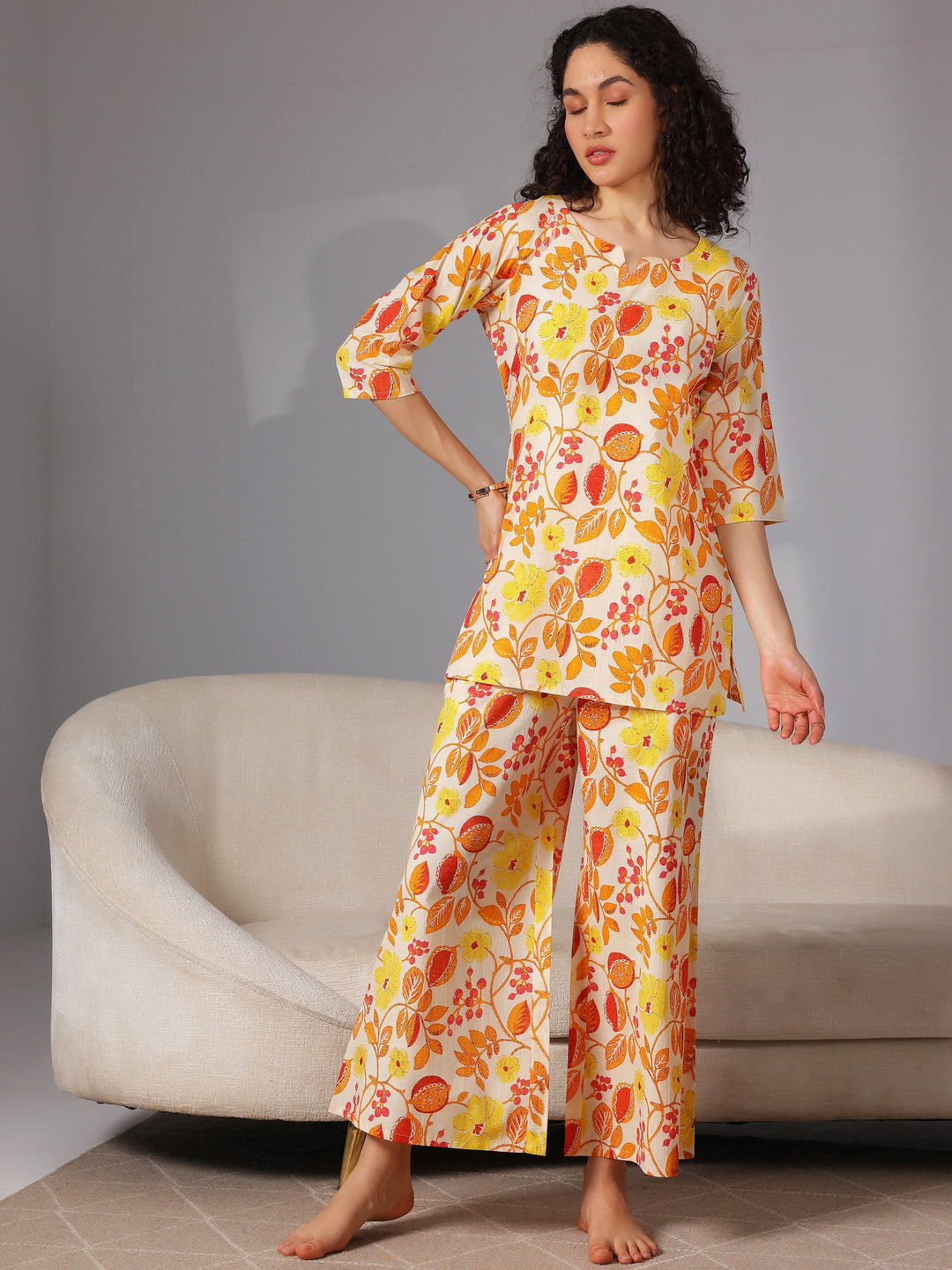 Yellow Printed Cotton Night Suits