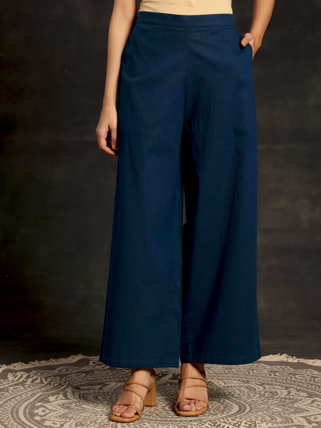 Teal Solid Cotton Palazzos
