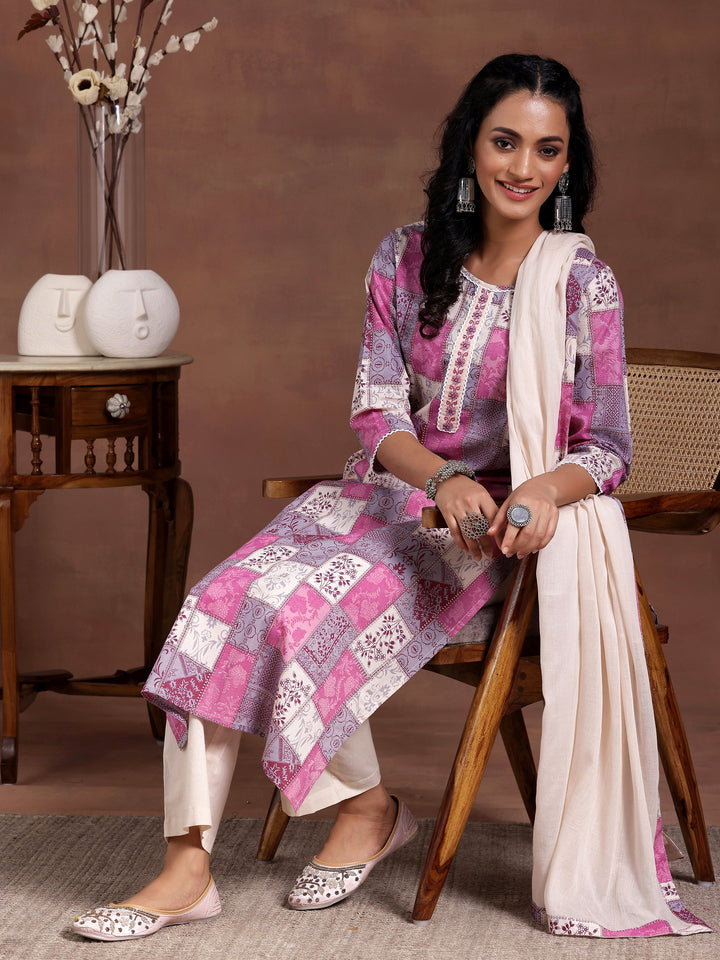 Off White Printed Cotton Straight Suit With Dupatta