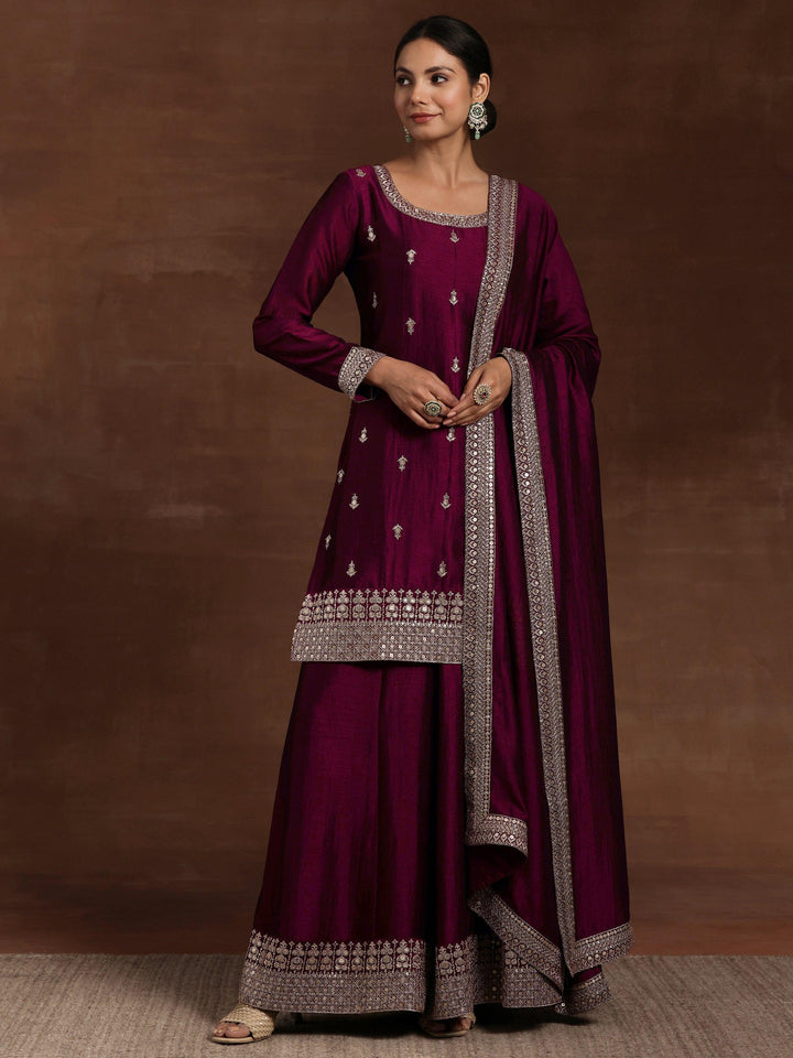 Maroon Embroidered Silk Blend Straight Suit With Dupatta