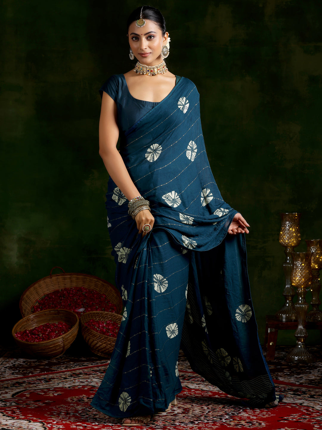 Teal Printed Chiffon Saree With Unstitched Blouse Piece