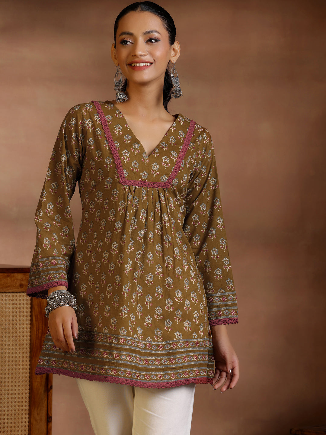 Libas Olive Printed Cotton A-Line Kurti