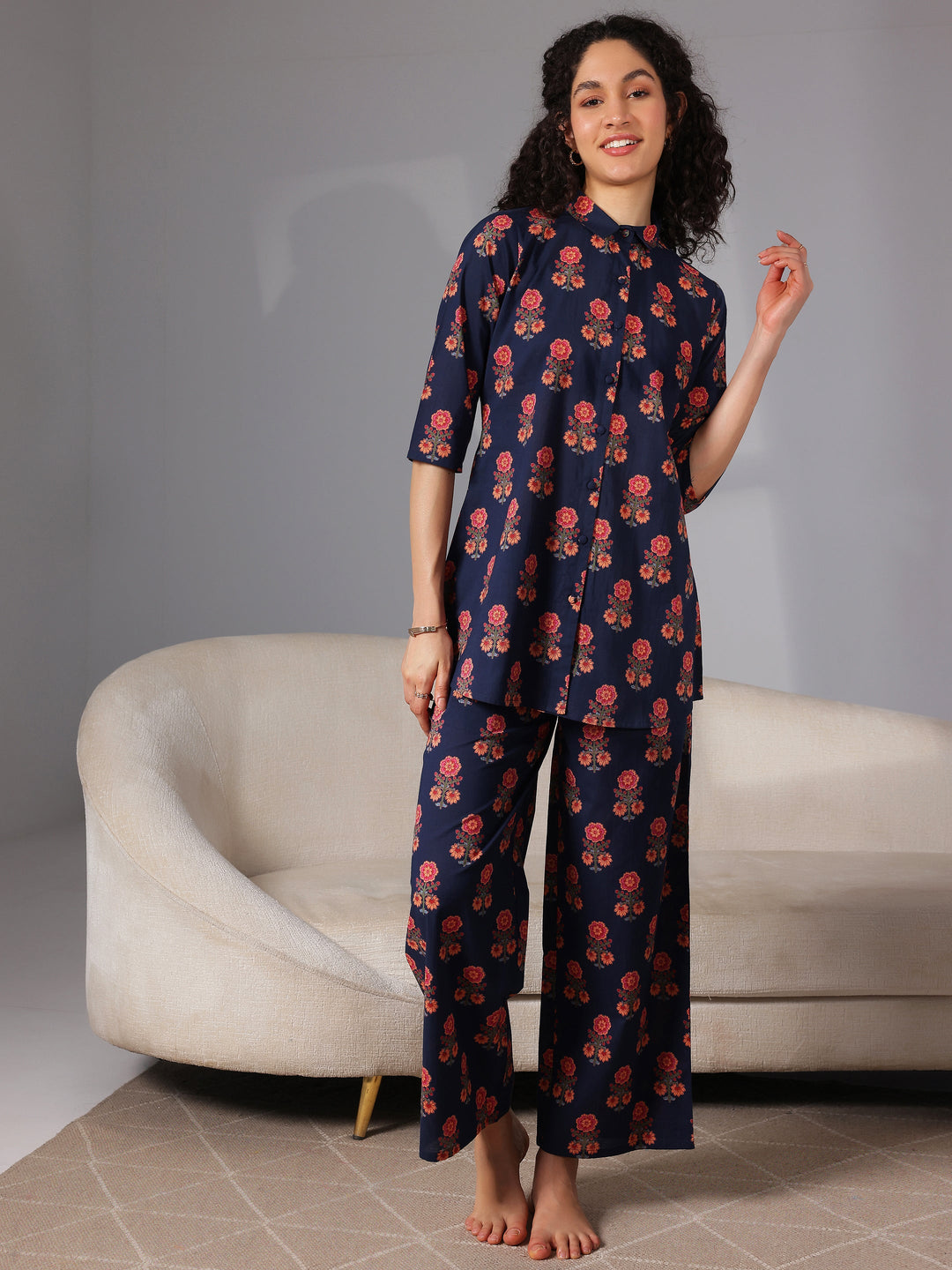 Blue Printed Cotton Night Suits