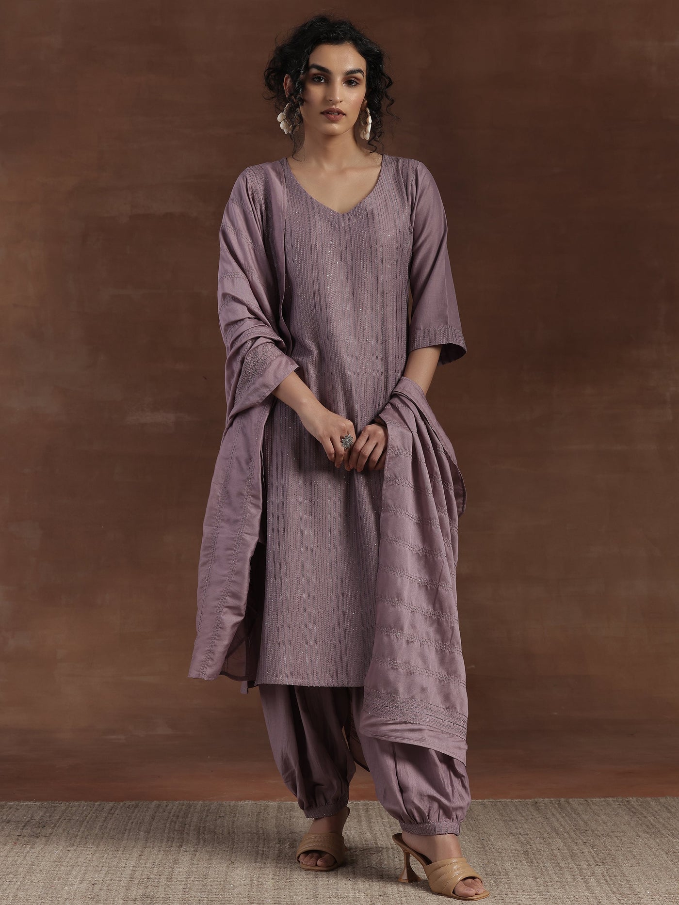 Mauve Self Design Silk Blend Straight Suit With Dupatta