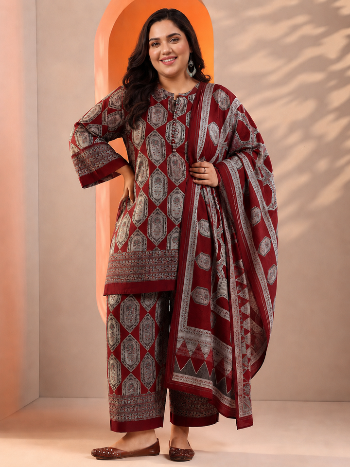 Plus Size Red Printed Silk Blend Straight Suit Set