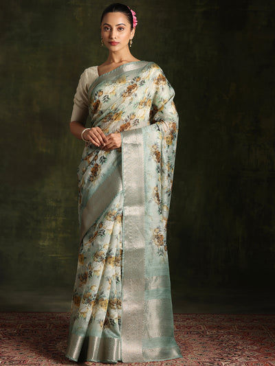 Green Printed Silk Blend Saree With Unstitched Blouse Piece