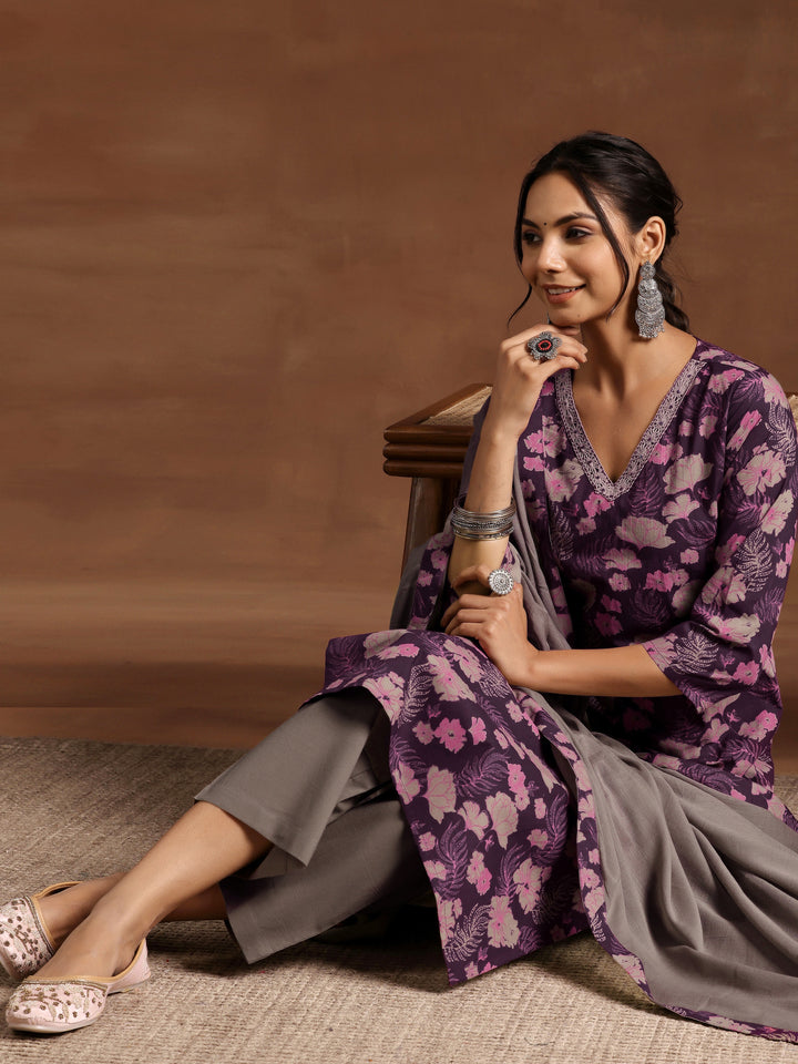 Wine Printed Cotton Straight Suit With Dupatta