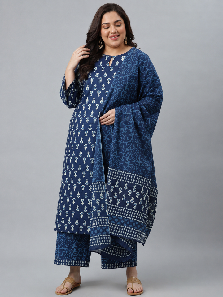 Plus Size Blue Floral Printed Cotton Straight Suit Set