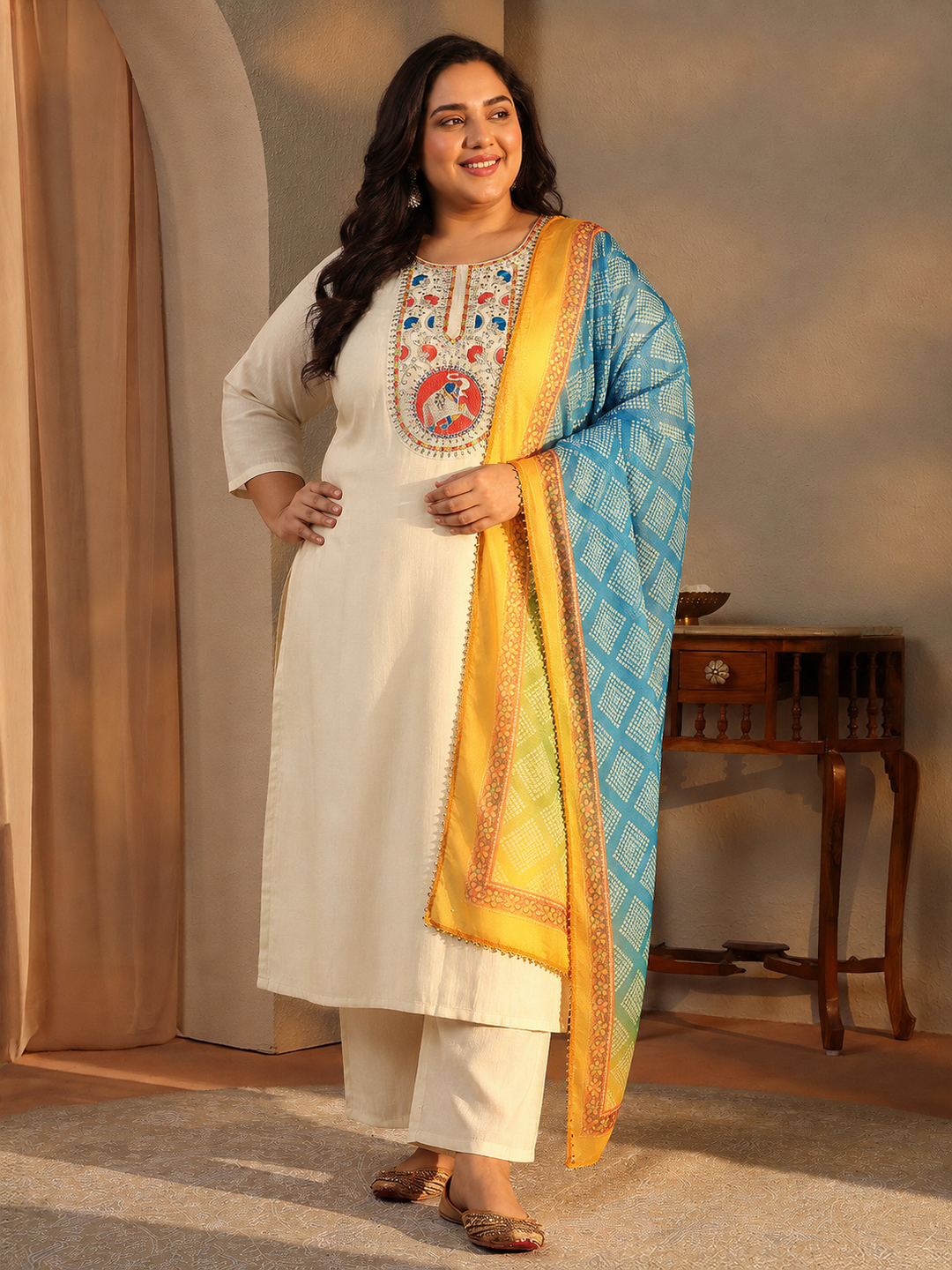 Plus Size Off White Ethnic Motif Printed Chanderi Silk Straight Suit Set