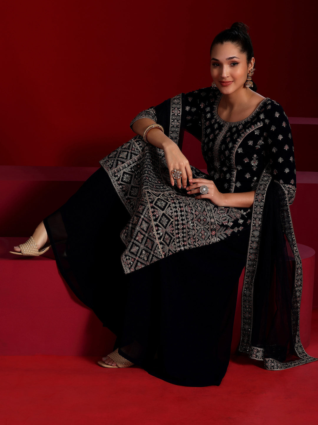 Libas Art Blue Embroidered Georgette Straight Suit With Dupatta