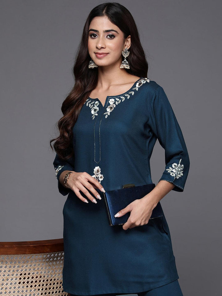 Teal Self Design Wool Blend Tunic With Trousers - ShopLibas