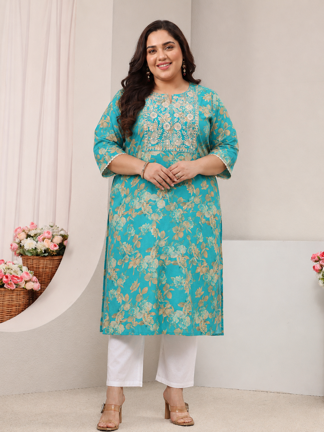 Plus Size Blue Floral Printed Silk Blend Straight Kurta