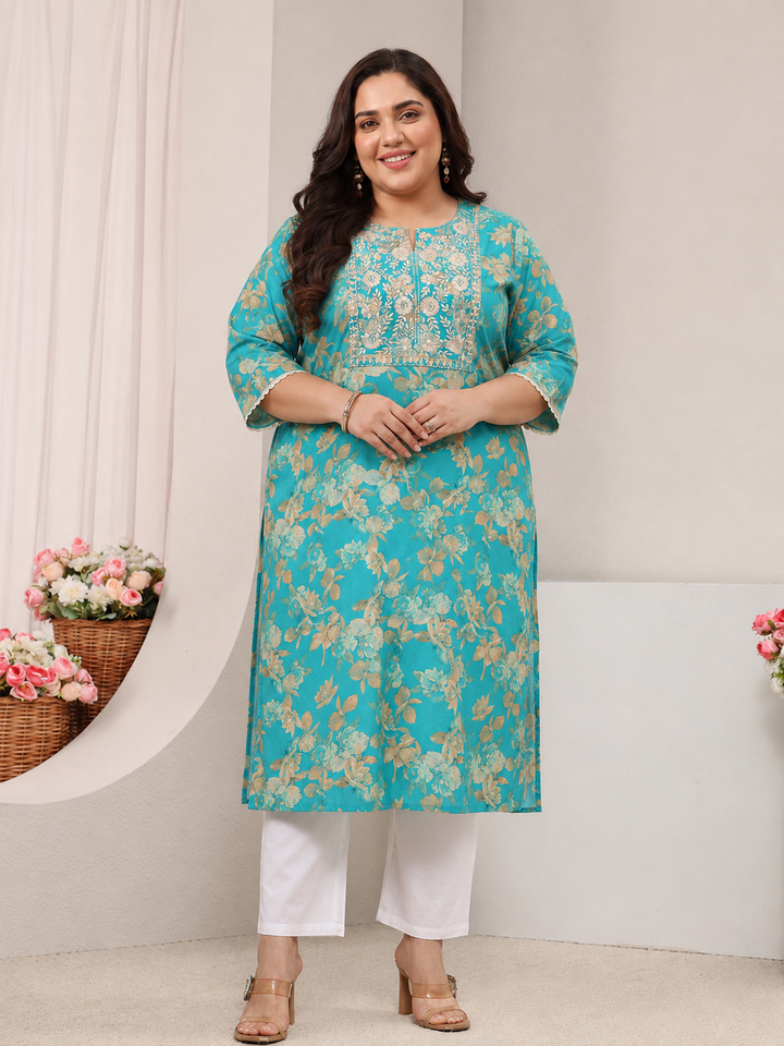 Plus Size Blue Floral Printed Silk Blend Straight Kurta