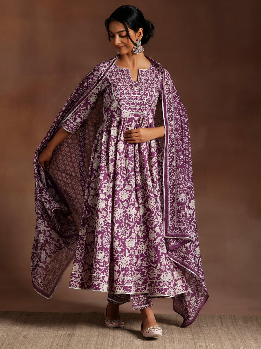 Purple Printed Cotton Blend Anarkali Suit Set With Dupatta