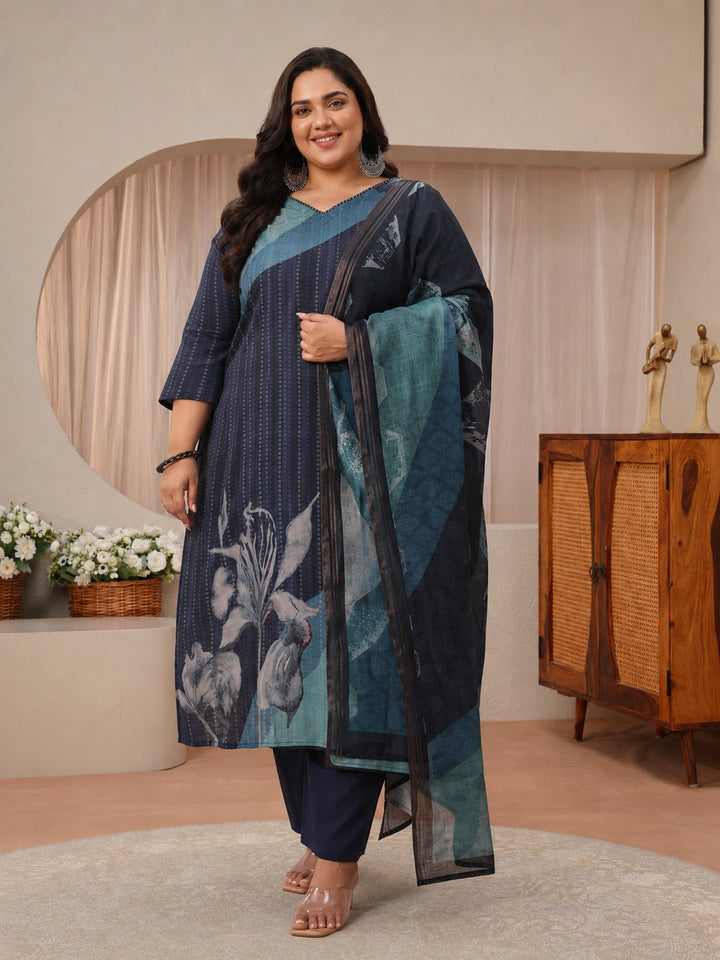 Plus Size Blue Printed Linen Straight Suit Set