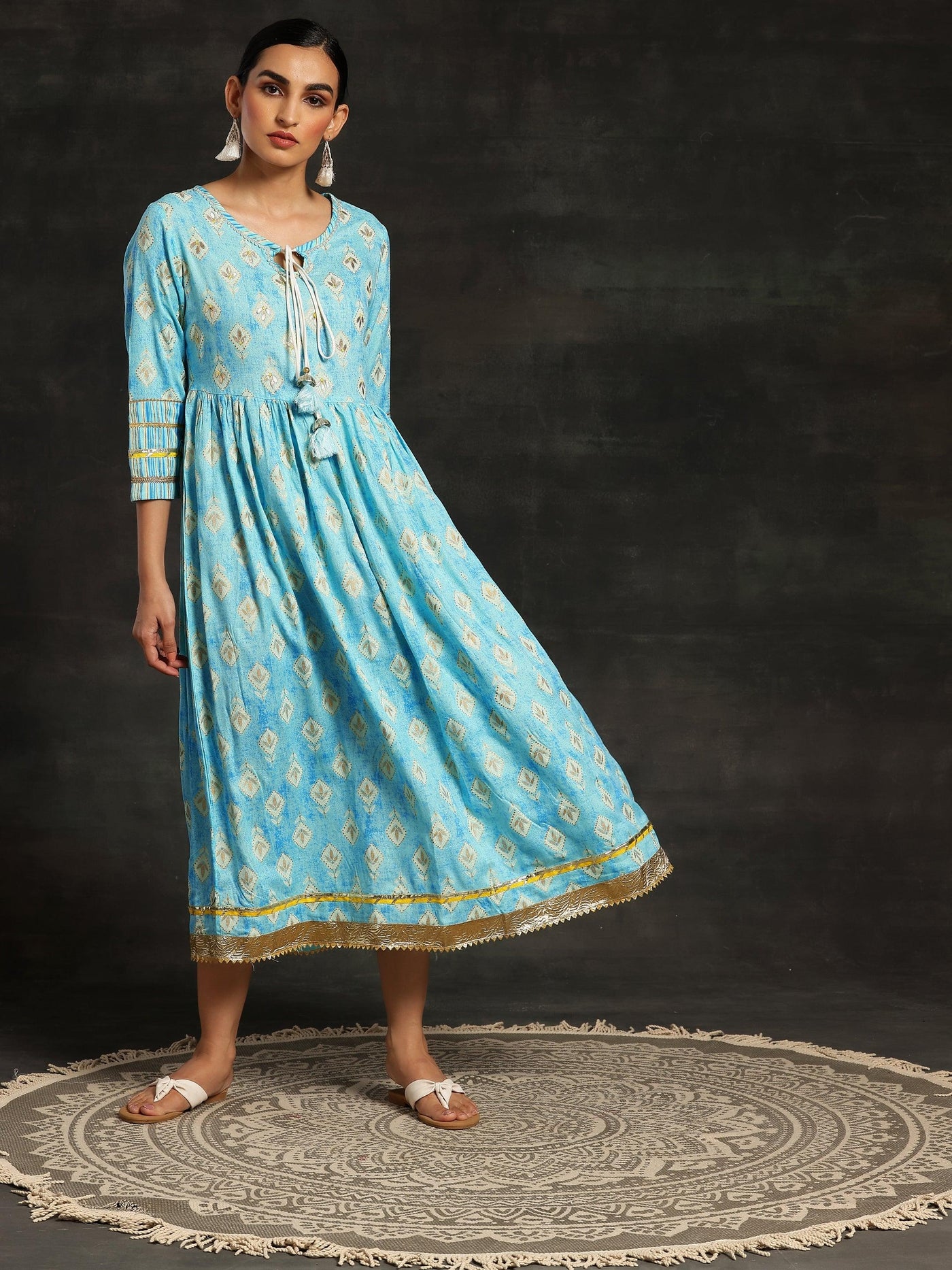 Turquoise Printed Cotton Fit and Flare Dress - ShopLibas