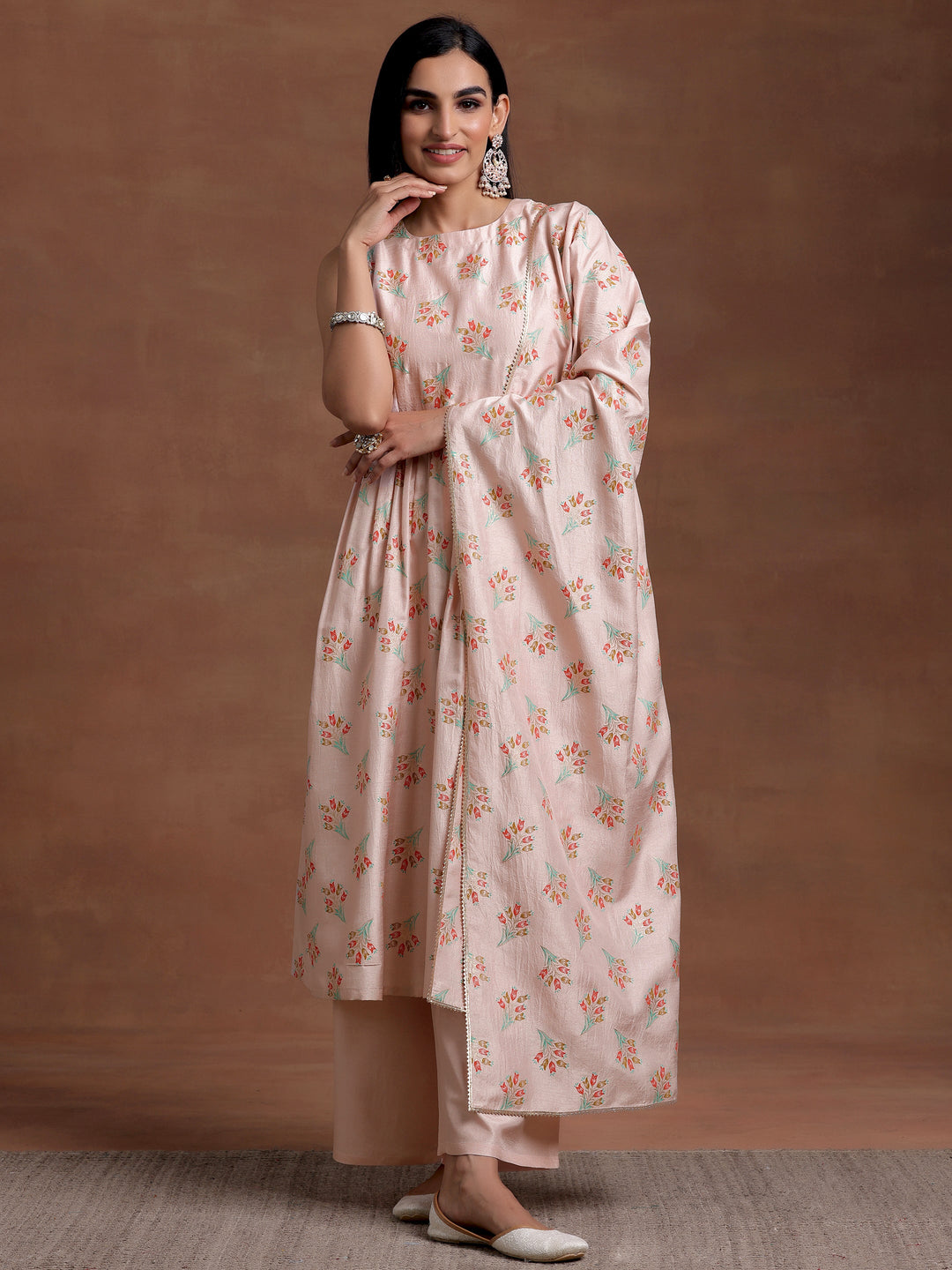 Powder Pink Printed Silk Blend A-Line Kurta With Palazzos & Dupatta