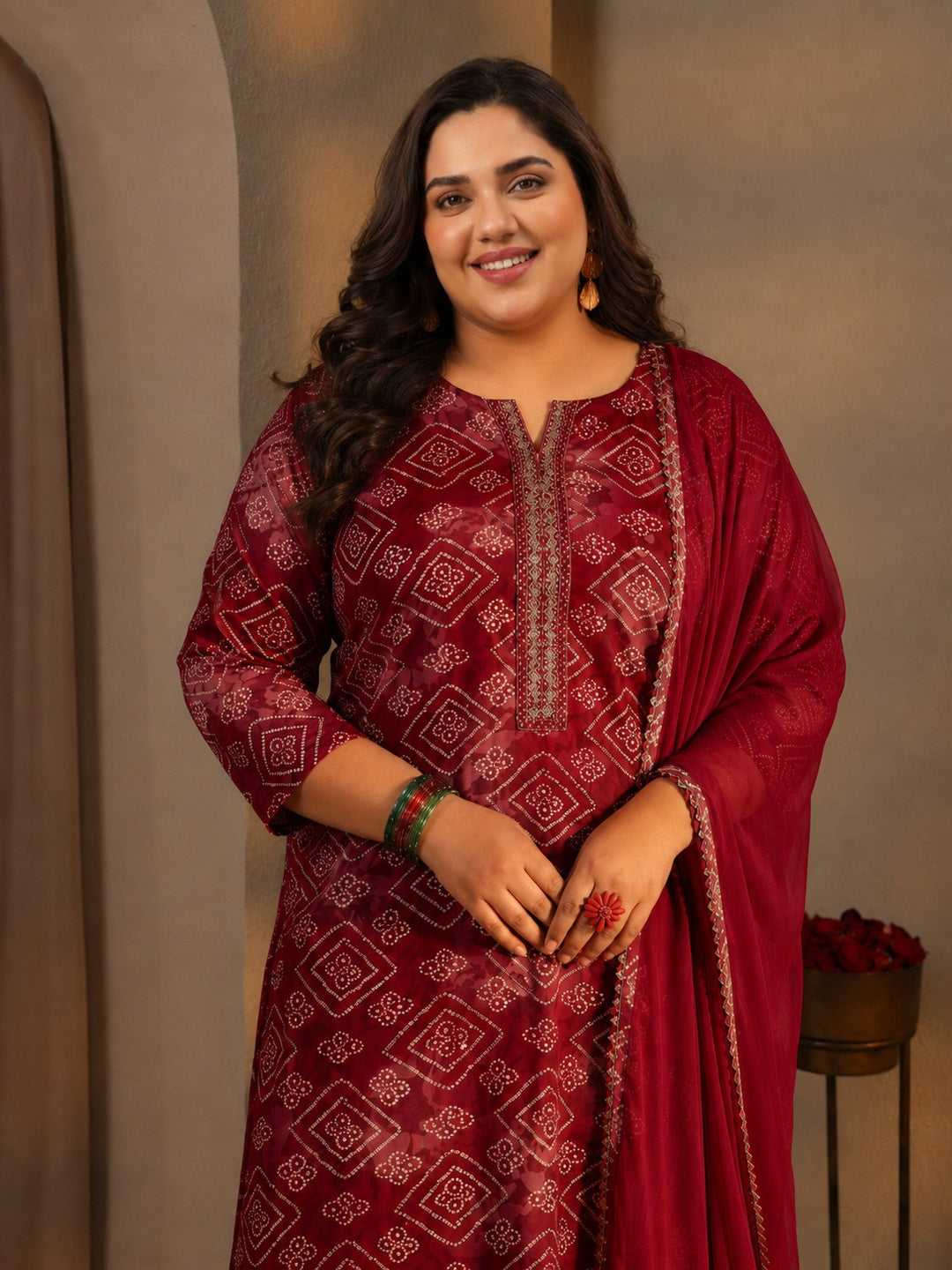 Plus Size Maroon Bandhani Printed Rayon Straight Suit Set