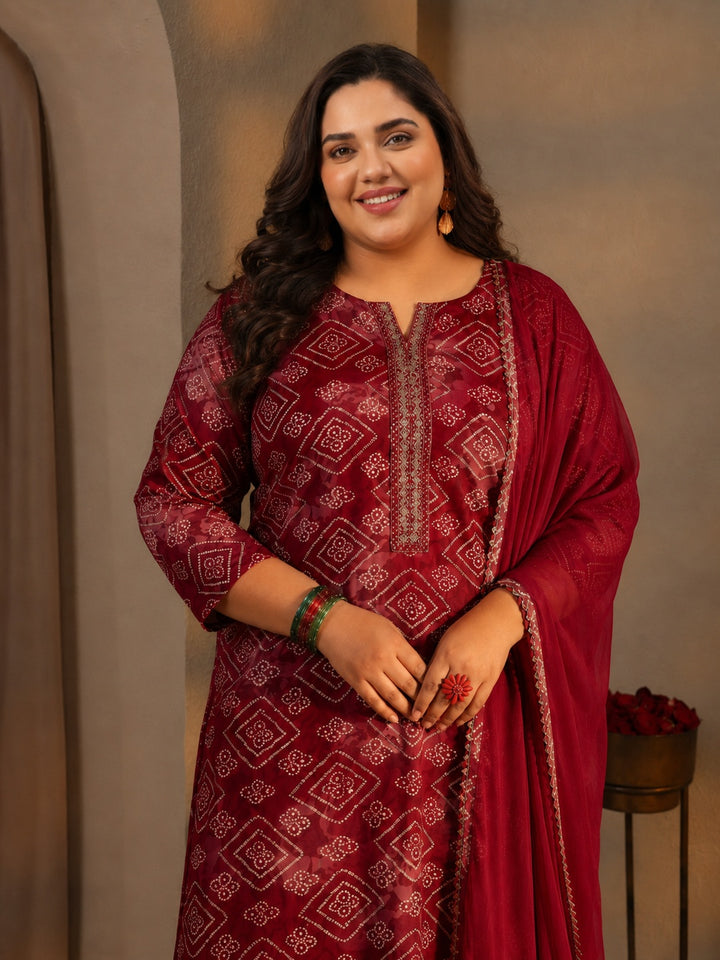 Plus Size Maroon Bandhani Printed Rayon Straight Suit Set