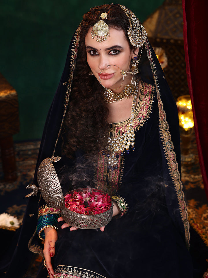 Blue Embroidered Velvet Straight Suit With Dupatta