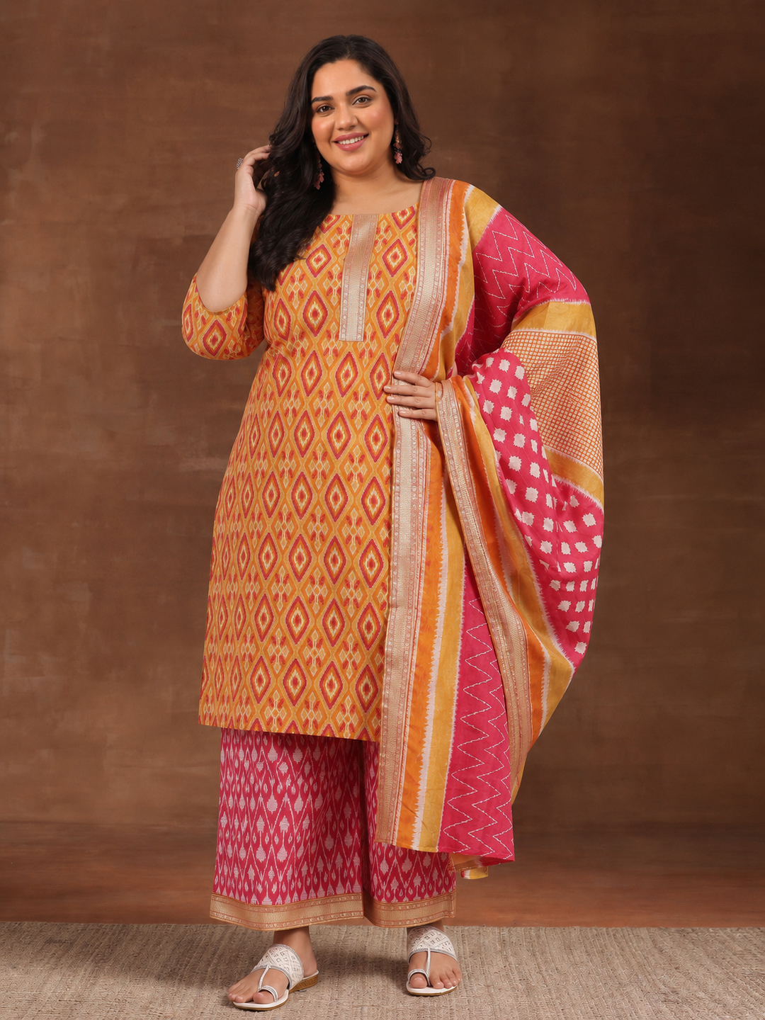 Plus Size Orange Floral Printed Cotton Straight Suit Set