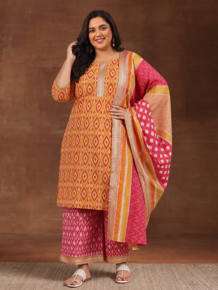 Plus Size Orange Floral Printed Cotton Straight Suit Set