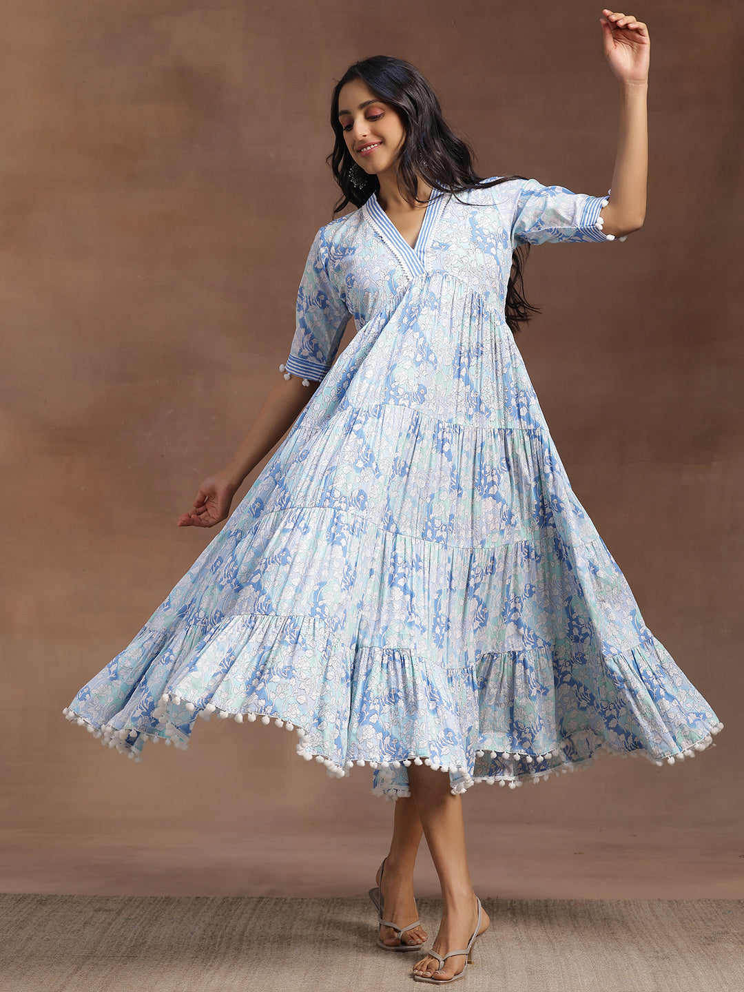 Libas Blue Printed Cotton A-Line Dress