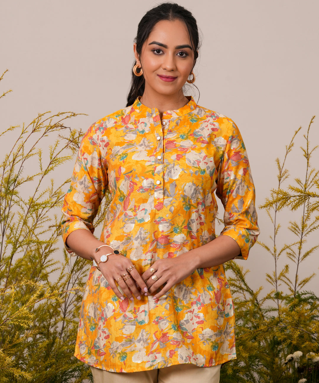 Yellow Printed Silk Blend Straight Short Kurti