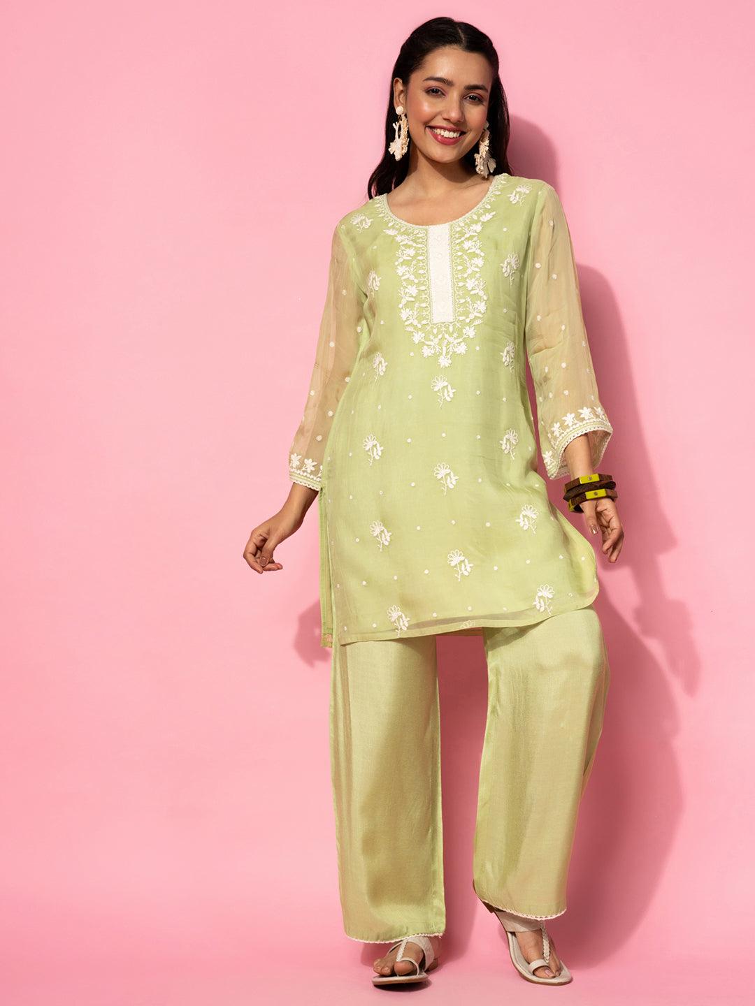 Green Embroidered Silk Blend Co-Ords