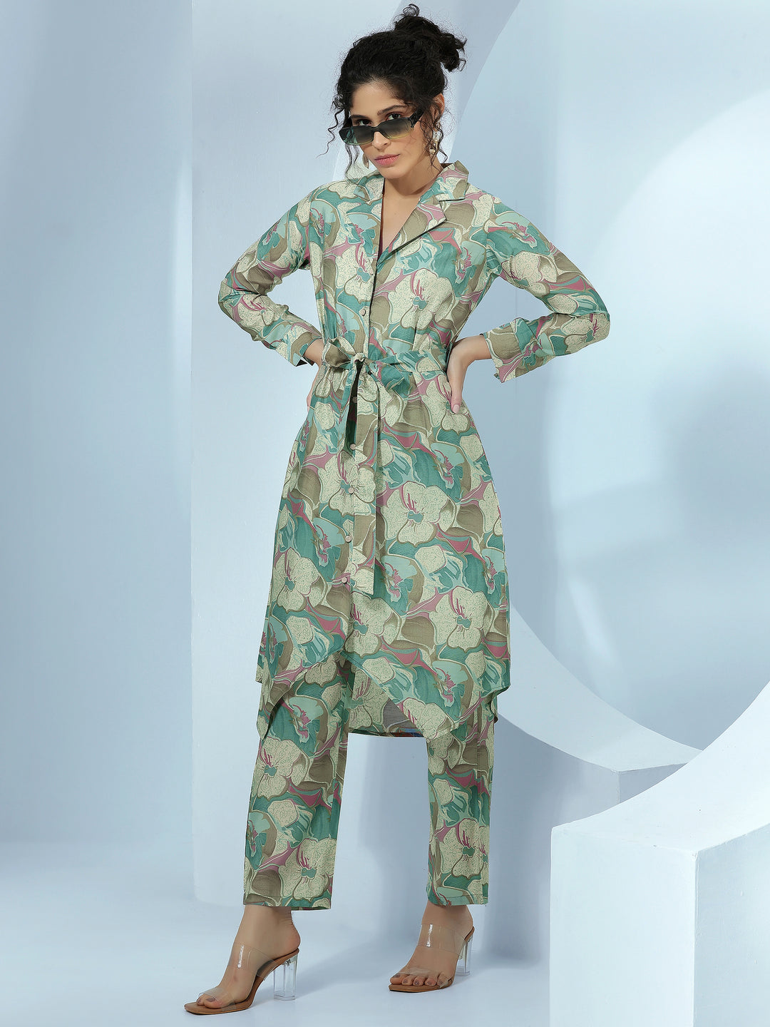 Grey Printed Silk Blend Co-Ords