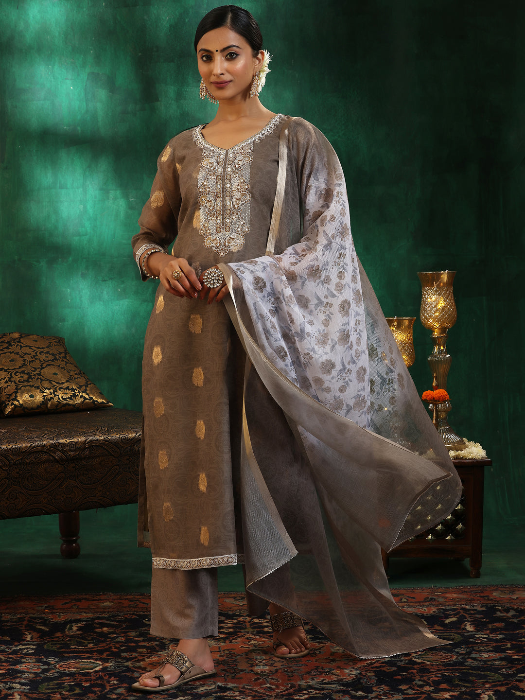 Green Woven Design Silk Blend Straight Suit With Dupatta