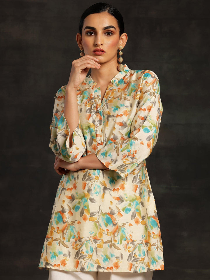Beige Printed Silk Blend Straight Kurtis - ShopLibas
