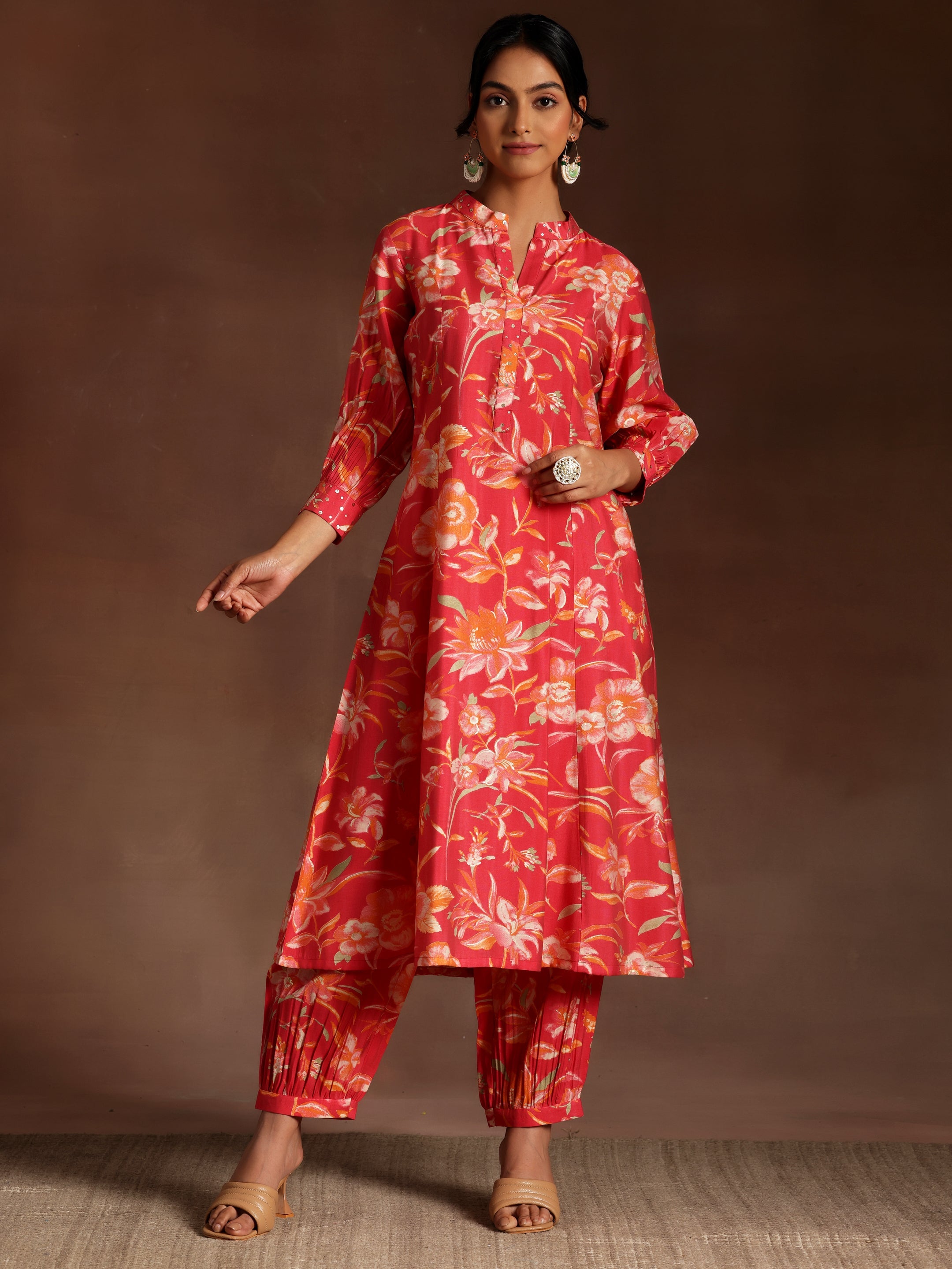 Red Printed Silk Blend Co-Ord Sets main image 0