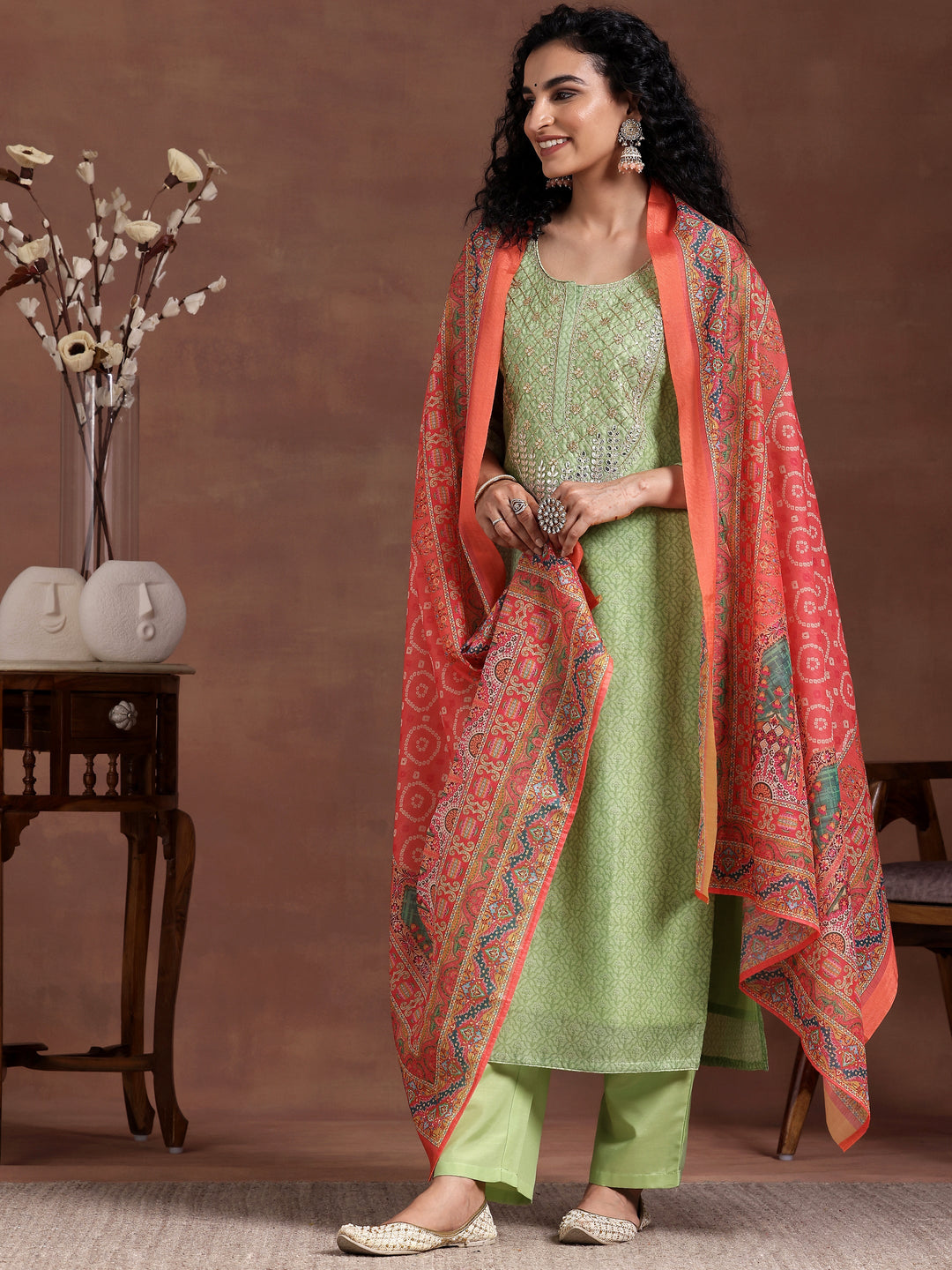 Green Printed Silk Blend Straight Suit With Dupatta