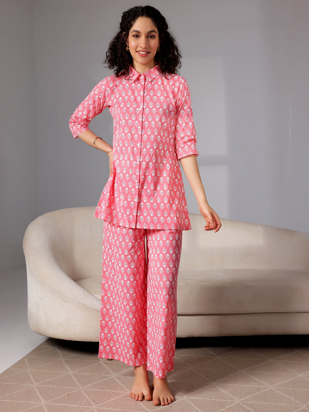 Peach Printed Cotton Night Suits