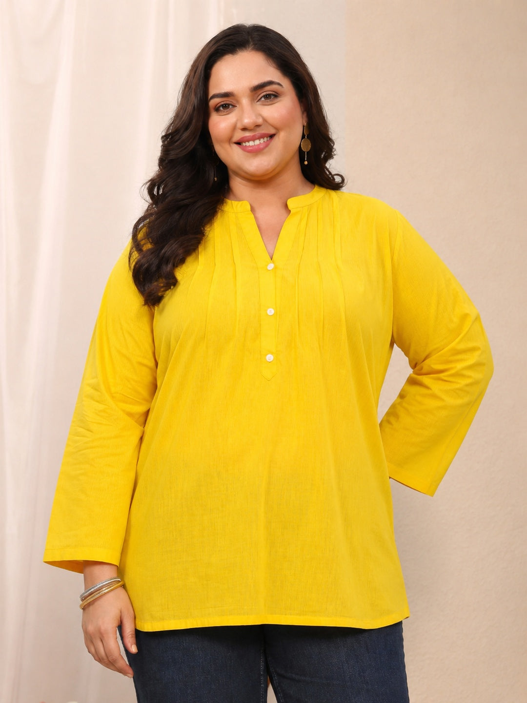 Plus Size Yellow Solid Cotton Blend Straight Short Kurti