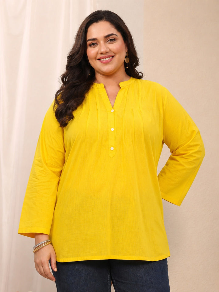 Plus Size Yellow Solid Cotton Blend Straight Short Kurti