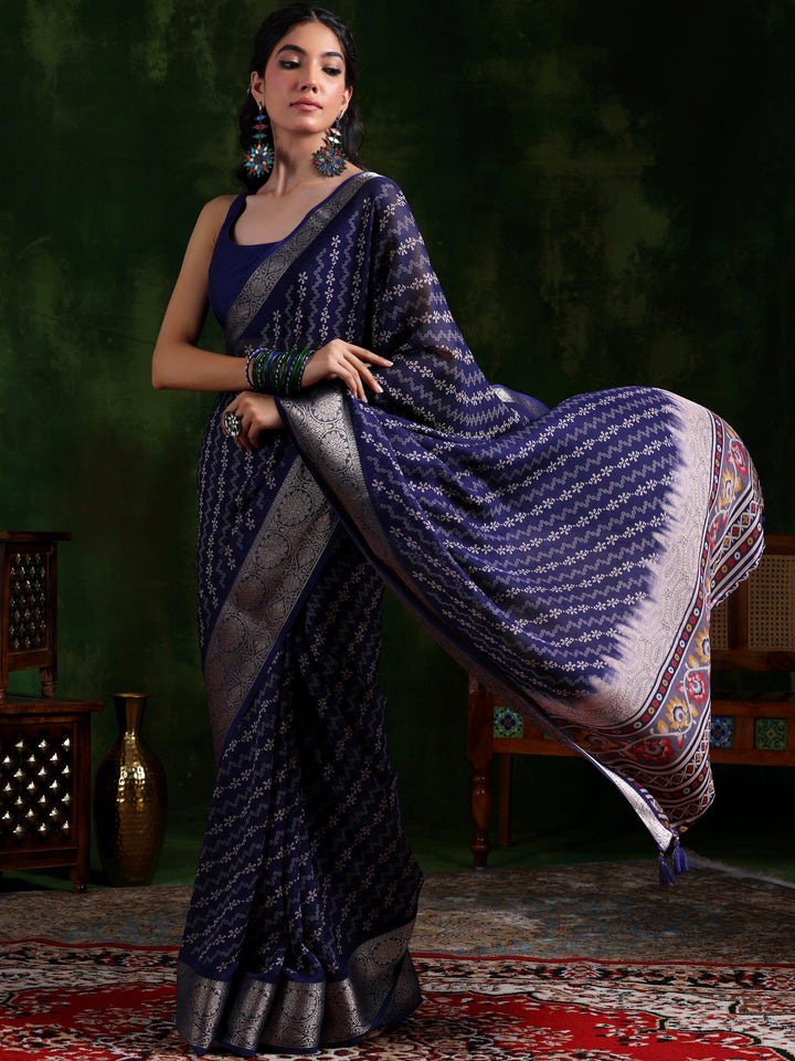 Purple Printed Silk Blend Saree With Unstitched Blouse Piece - Libas