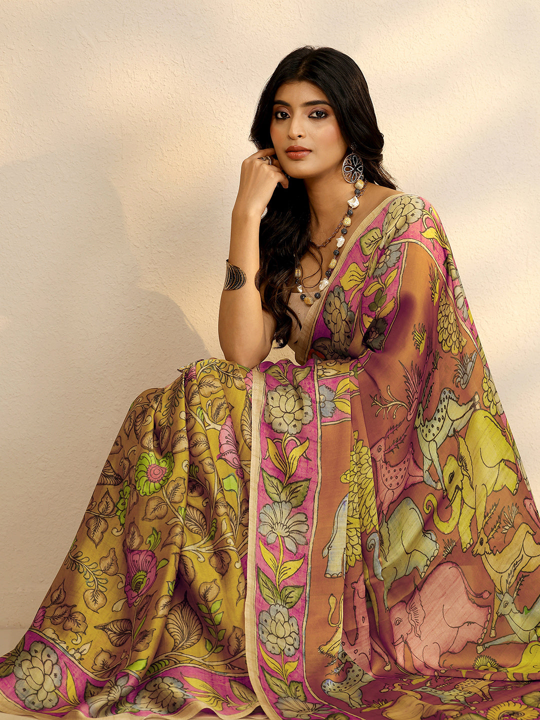 Mustard Printed Satin Saree With Unstitched Blouse Piece