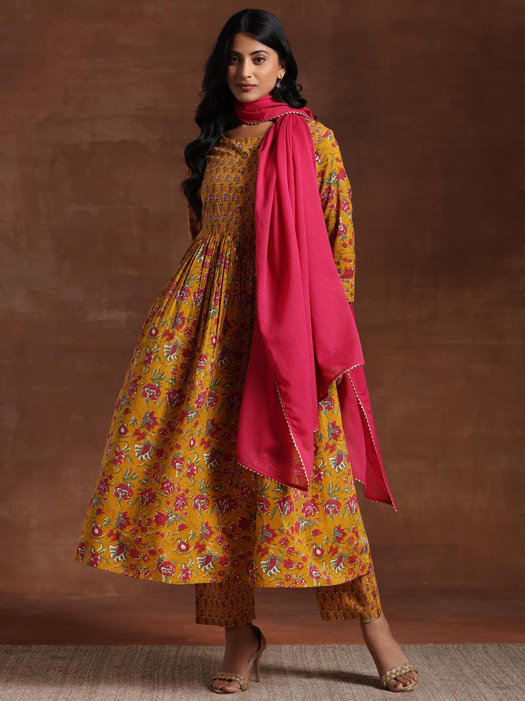 Buy Libas Yellow Printed Pure Cotton Anarkali Suit With Dupatta Online in USA at $41.00