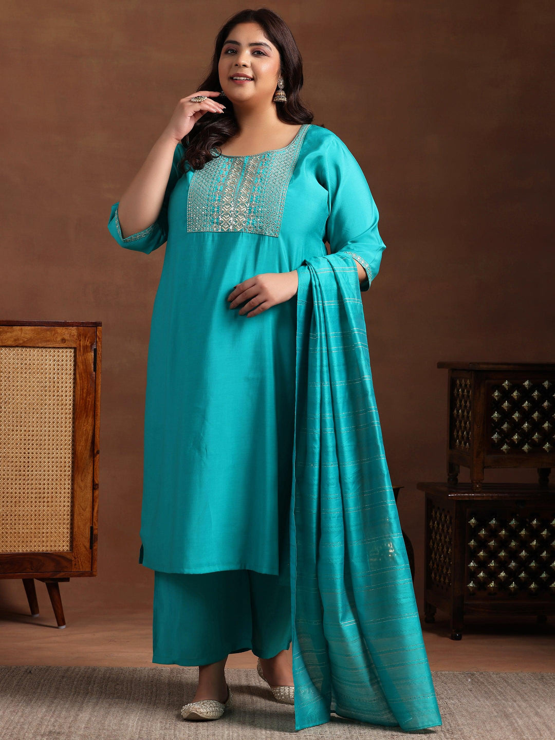 Plus Size Green Yoke Design Silk Blend Straight Suit With Dupatta