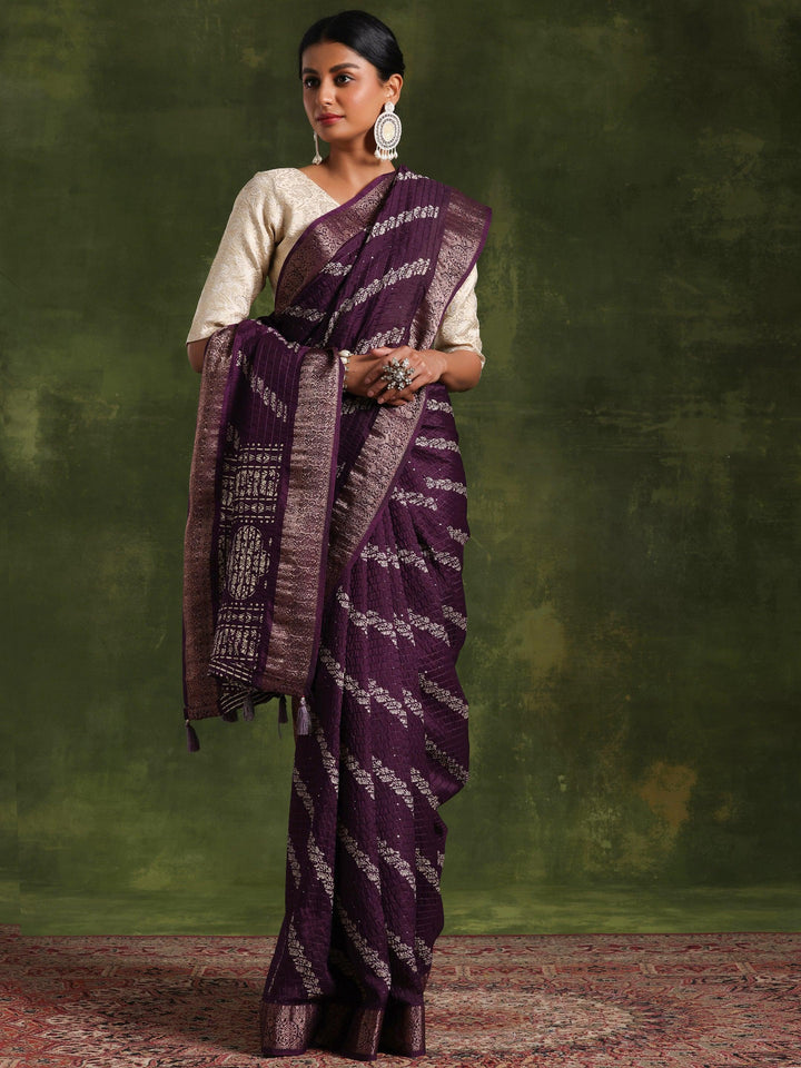 Purple Printed Silk Blend Saree With Unstitched Blouse Piece - Libas