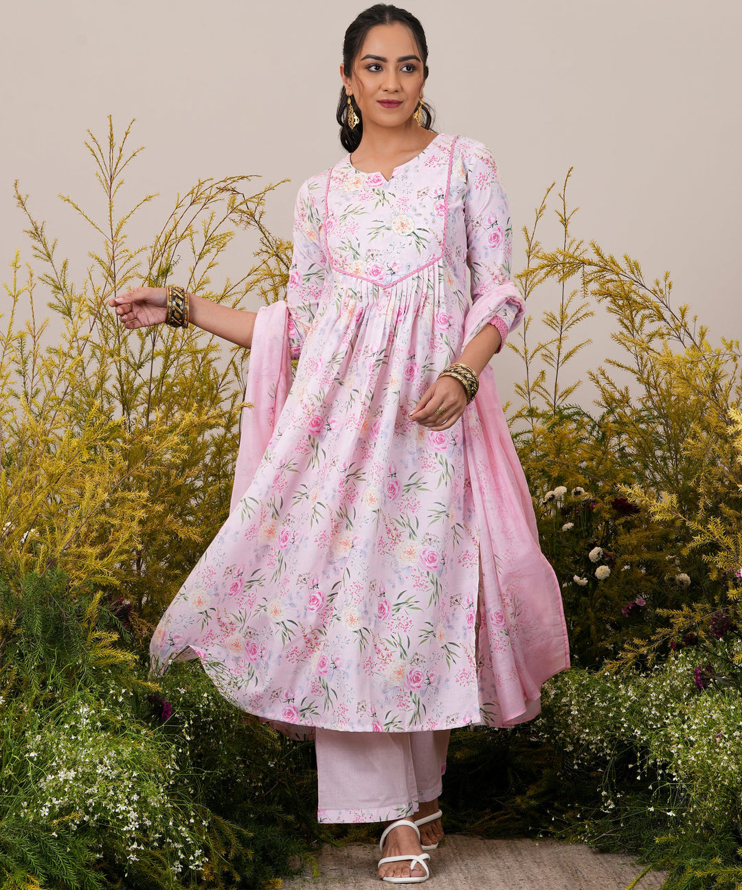 Pink Printed Cotton Blend A-Line Kurta With Palazzos & Dupatta