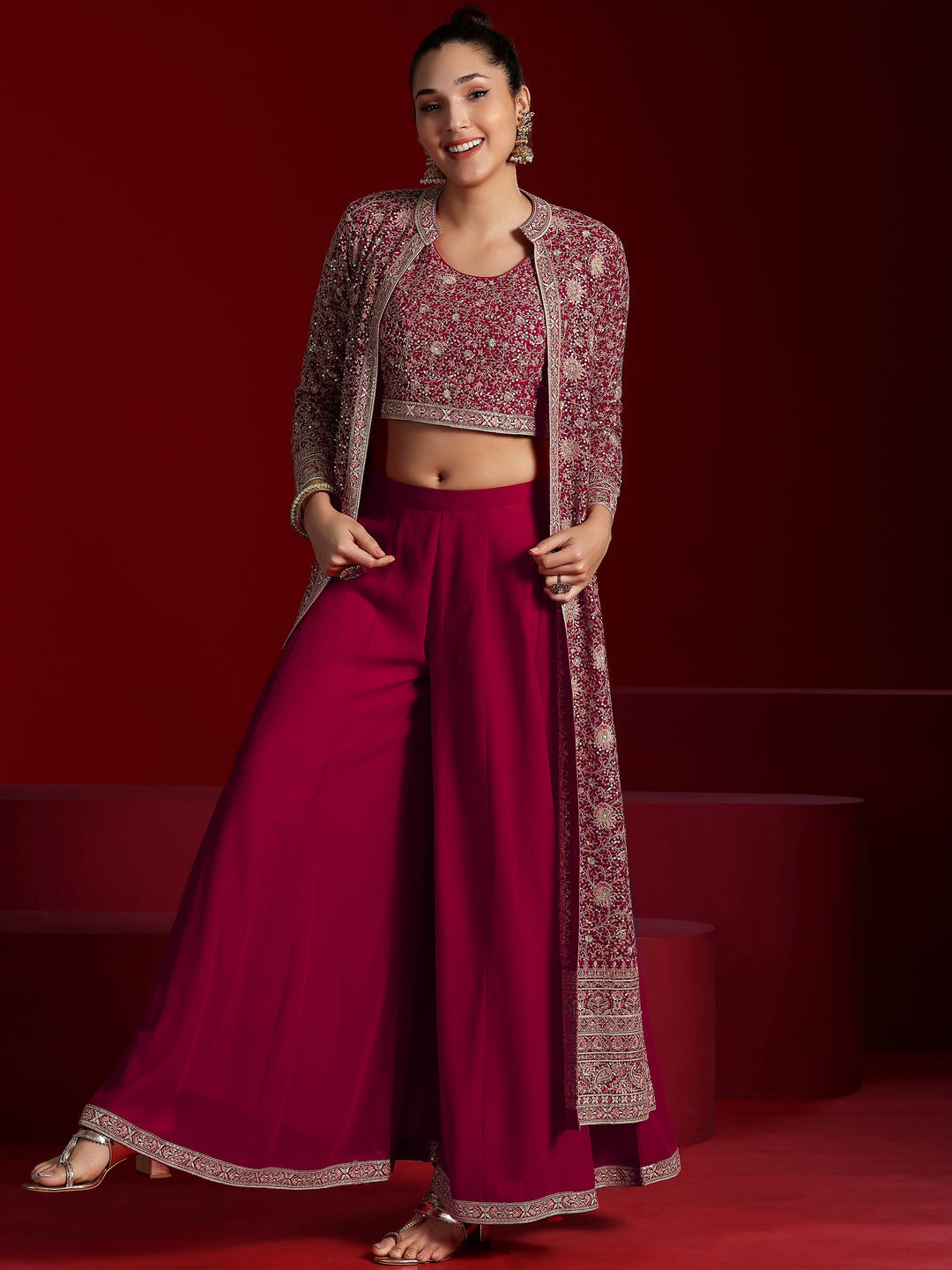 Libas Art Pink Embellished Silk Blend 3 Piece Co-Ords