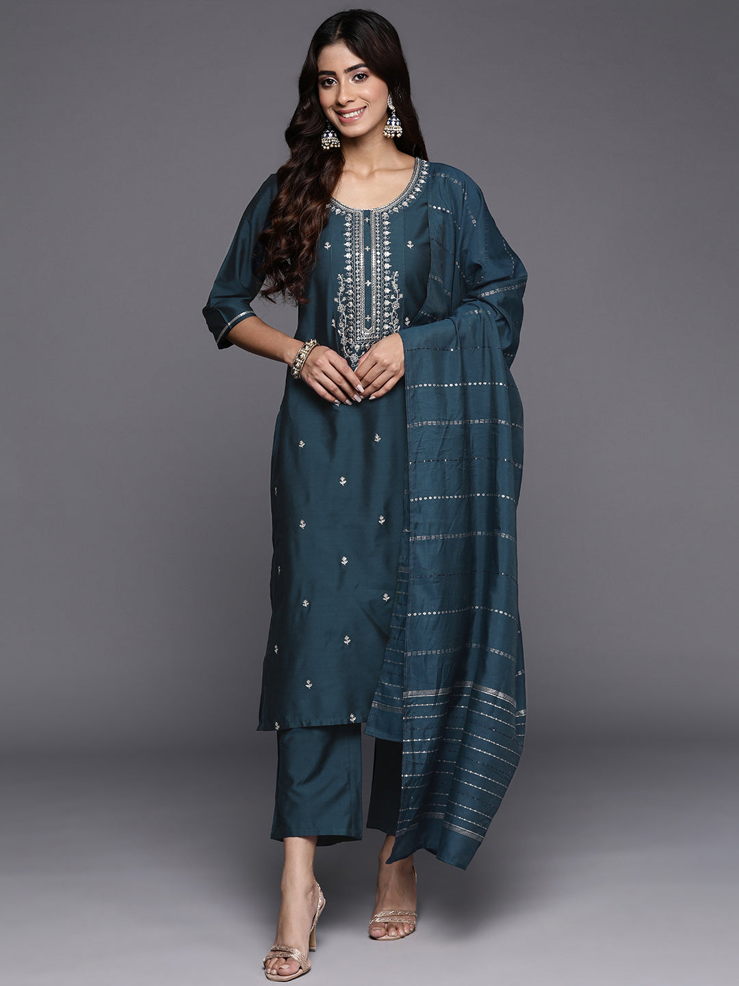 Blue Embroidered Silk Blend Straight Suit Set With Dupatta