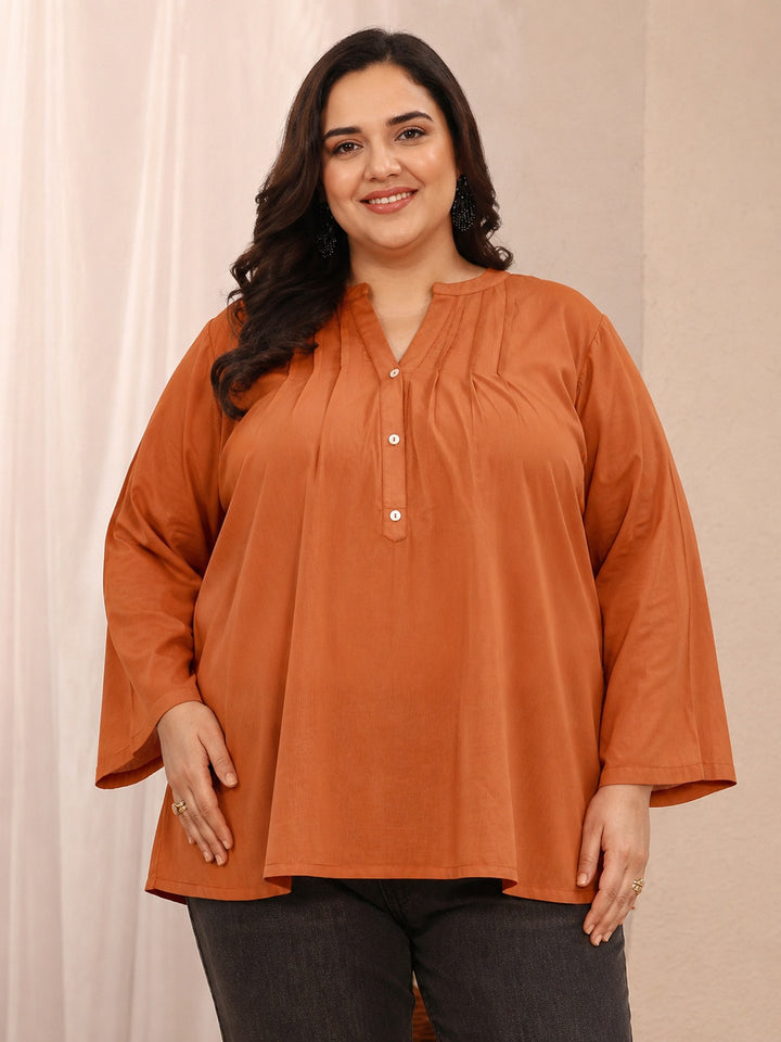 Plus Size Orange Solid Cotton Blend Straight Short Kurti