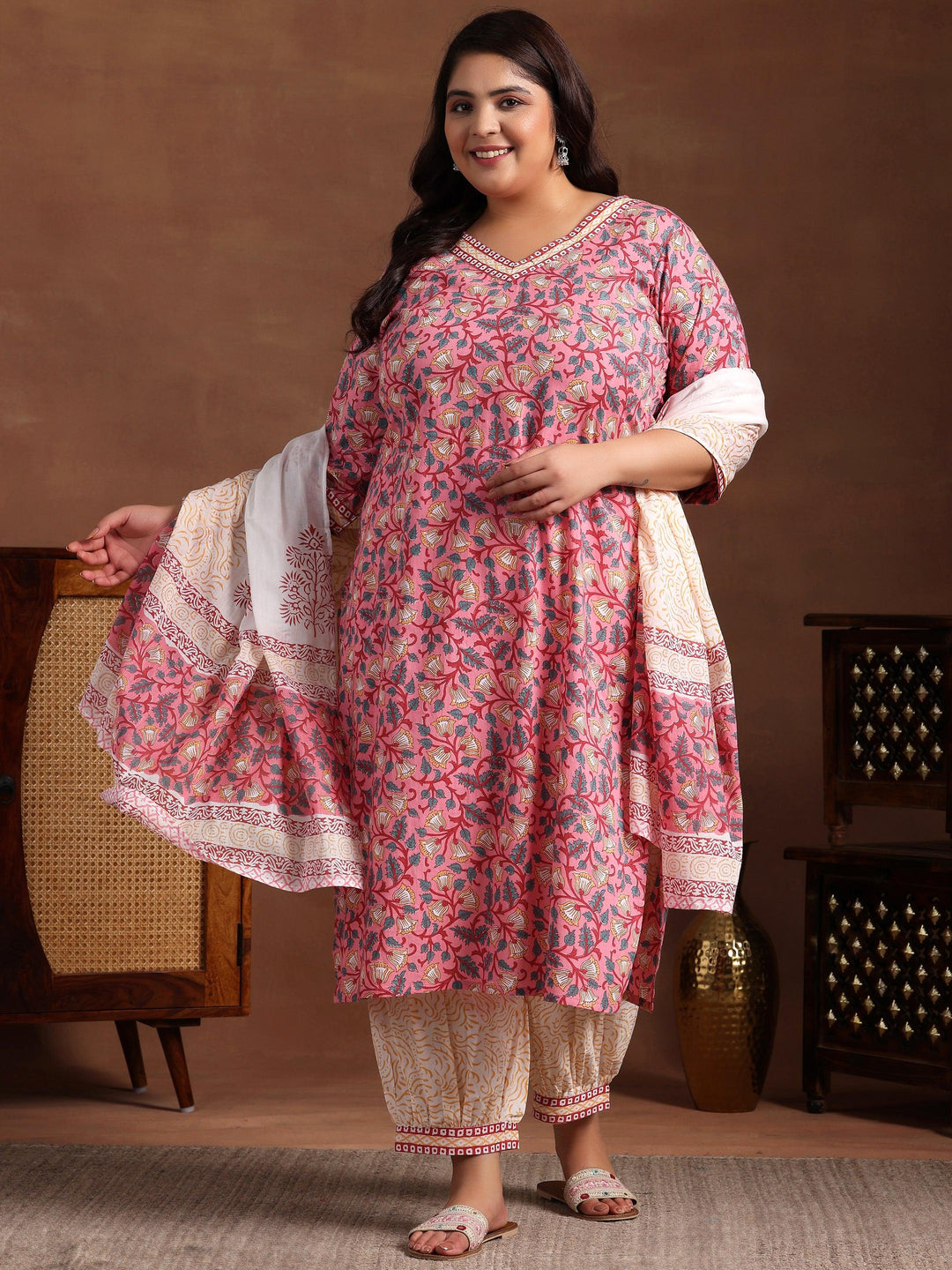 Plus Size Blue Printed Cotton Straight Suit With Dupatta