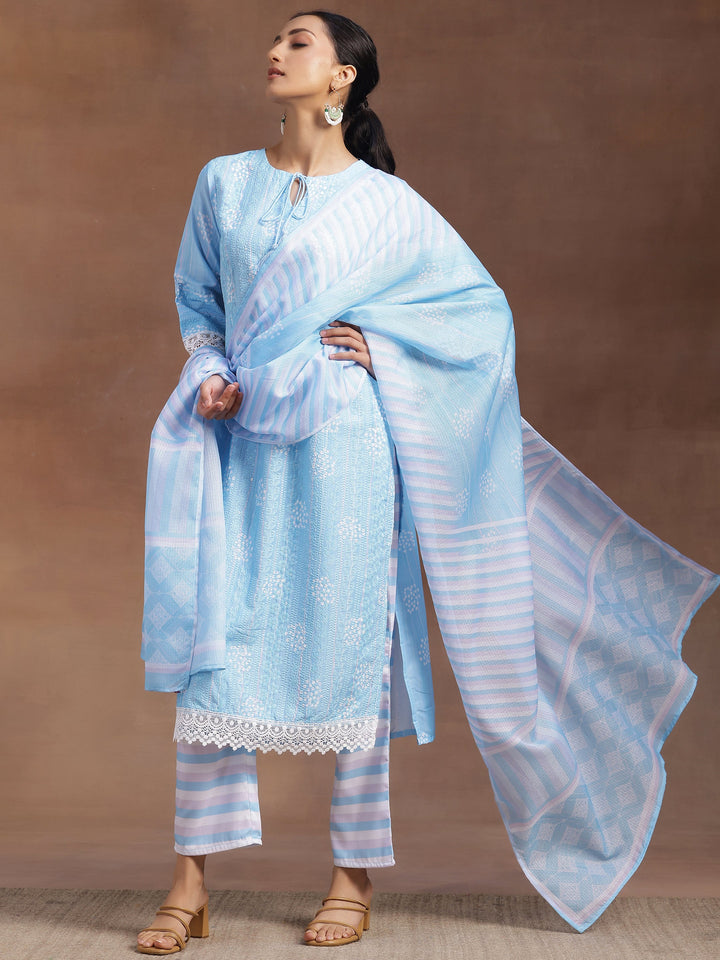 Blue Embroidered Cotton Blend Straight Suit With Dupatta